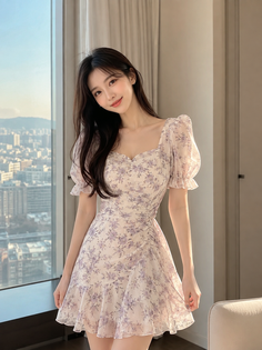 Woman in a floral dress standing by a window with a cityscape view