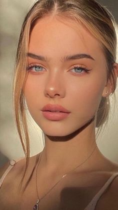 Close-up portrait of a young woman with blonde hair and blue eyes