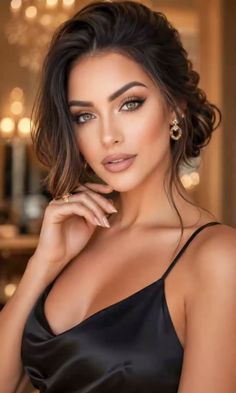 Woman with dark hair in an updo wearing a black dress and earrings