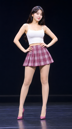 Woman in a white tank top and plaid skirt posing on a stage