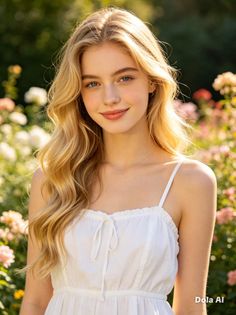 Young woman with blonde hair and blue eyes in a white dress in a flower garden