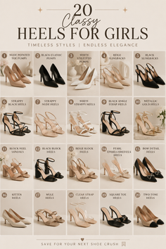 A collection of 20 different styles of high heels in neutral colors
