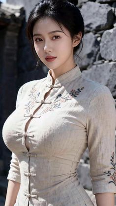 Woman in a light-colored embroidered cheongsam with a stone wall background