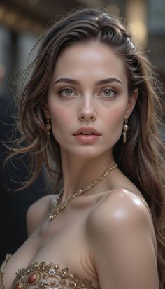 Woman with long brown hair and jewelry, wearing a strapless ornate top