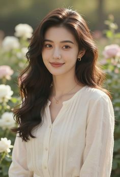 Woman with long hair and a white shirt smiling in a garden with soft lighting