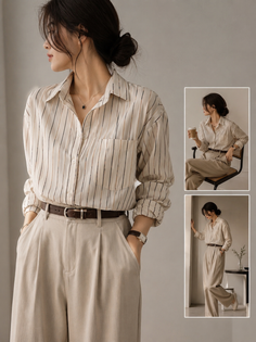 Woman in a striped shirt and wide leg pants with a brown belt