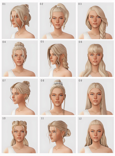 Blonde woman showcasing 12 different hairstyles in a grid layout