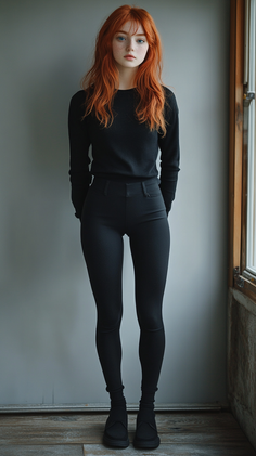 Woman with red hair and freckles wearing a black top and pants indoors
