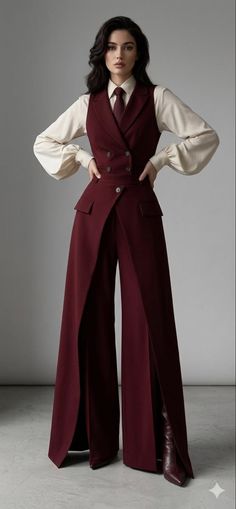 Woman in a burgundy suit with a white shirt and tie posing in a studio