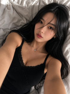Woman with long black hair wearing a black lace-trim top, lying down