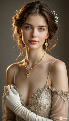 Woman in an elegant lace dress with long gloves and jewelry