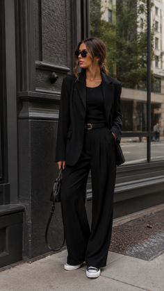 Woman in a black suit and sunglasses standing on a city street