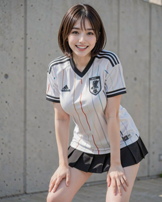 Woman in a soccer jersey and pleated skirt smiling outdoors