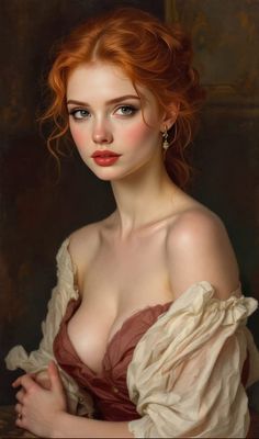 Woman with red hair in an off-shoulder dress with visible cleavage