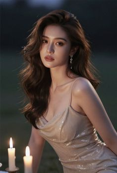 Woman with long wavy hair in a sequin dress with candles in the foreground
