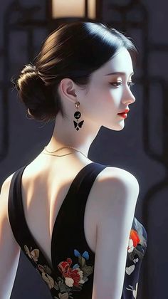 Woman with an updo hairstyle wearing a black dress with a floral pattern