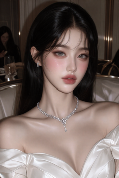Woman with long black hair wearing an off-shoulder dress and diamond jewelry