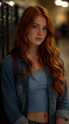 Woman with long red hair and freckles wearing a denim jacket and blue top