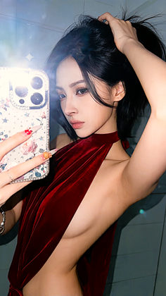 Woman in a red velvet dress taking a selfie, showing sideboob
