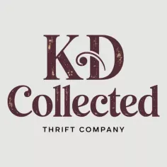 Logo with 'KD Collected Thrift Company' in distressed maroon text on a light background