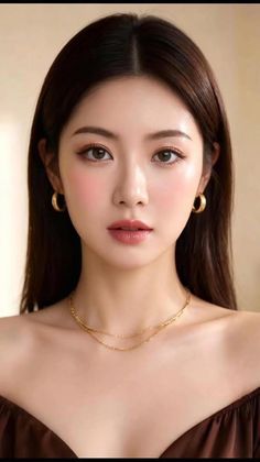 Woman with long dark hair wearing gold jewelry and an off-shoulder top