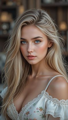 Blonde woman with blue eyes wearing a white floral dress with lace trim