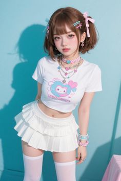 Woman in a white crop top and pleated skirt with pink and blue accessories