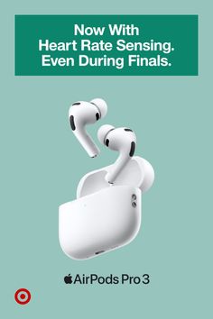 AirPods Pro 3 with charging case on a teal background with text overlay