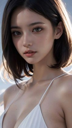 Woman with short dark hair in a white top with soft backlight