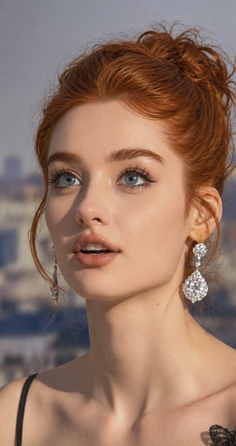 Woman with red hair and blue eyes wearing diamond earrings, looking up