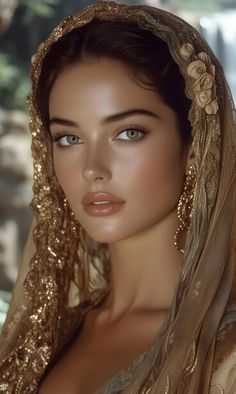 Woman with green eyes and a gold veil with floral details