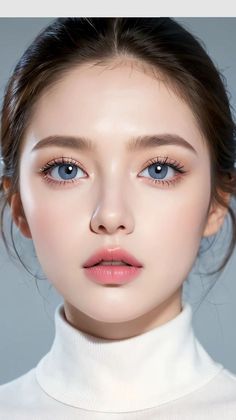Close-up portrait of a woman with blue eyes and pink lips wearing a white turtleneck