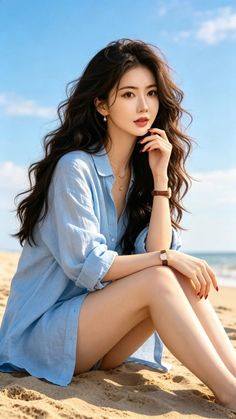 Woman with long dark hair wearing a blue shirt sitting on a beach