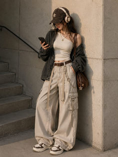 Woman in cargo pants, denim jacket, and baseball cap checking her phone outdoors