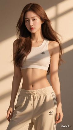 Woman in a sports bra and sweatpants with long brown hair indoors