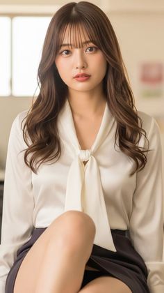 Woman with long hair and bangs wearing a white blouse and mini skirt
