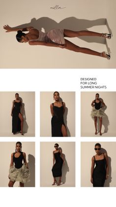 Multiple models posing in various dresses and outfits in a studio setting