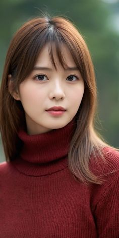 Woman with long brown hair wearing a red turtleneck sweater outdoors