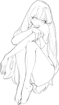 Anime style line art of a girl with long hair in a sitting pose