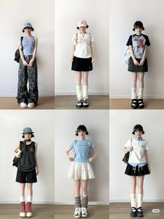 Six full body shots of a person in different casual outfits with leg warmers