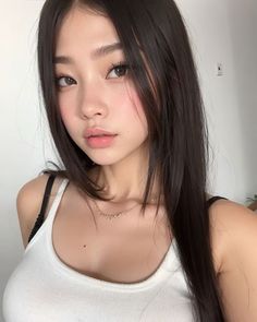 Woman with long dark hair wearing a white tank top and necklace