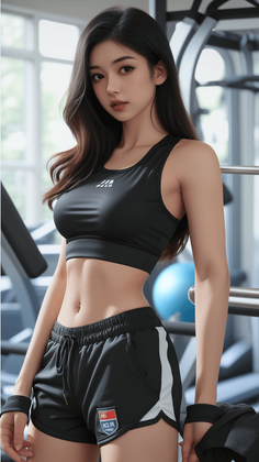 Woman in a black sports bra and shorts in a gym setting