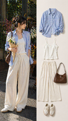 Woman in a striped shirt and wide leg pants holding flowers, with clothing flat lay