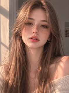 Woman with long hair and freckles in soft golden hour lighting