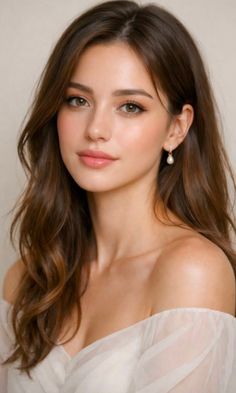 Woman with long brown hair and pearl earrings wearing an off-shoulder top