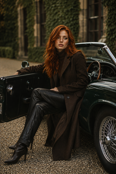 Woman with red hair and freckles in a long coat and leather pants, sitting in a convertible