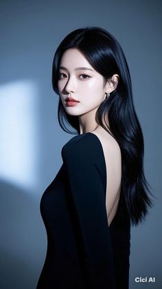 Woman with long black hair wearing a backless black dress