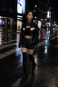 Woman in a leather jacket and shorts walking on a wet city street at night