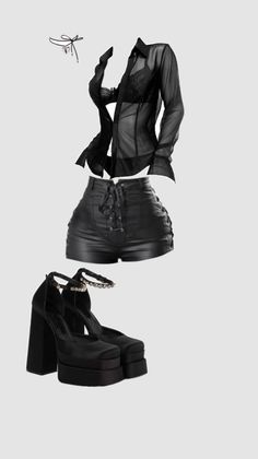 Black sheer shirt with bra, leather shorts, platform heels, and choker
