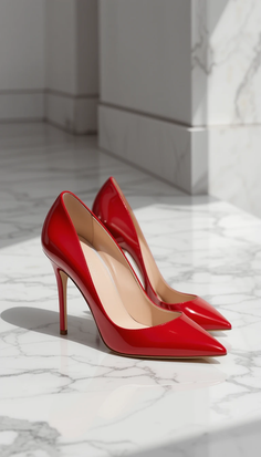 Pair of glossy red high heels on a white marble floor with bright lighting